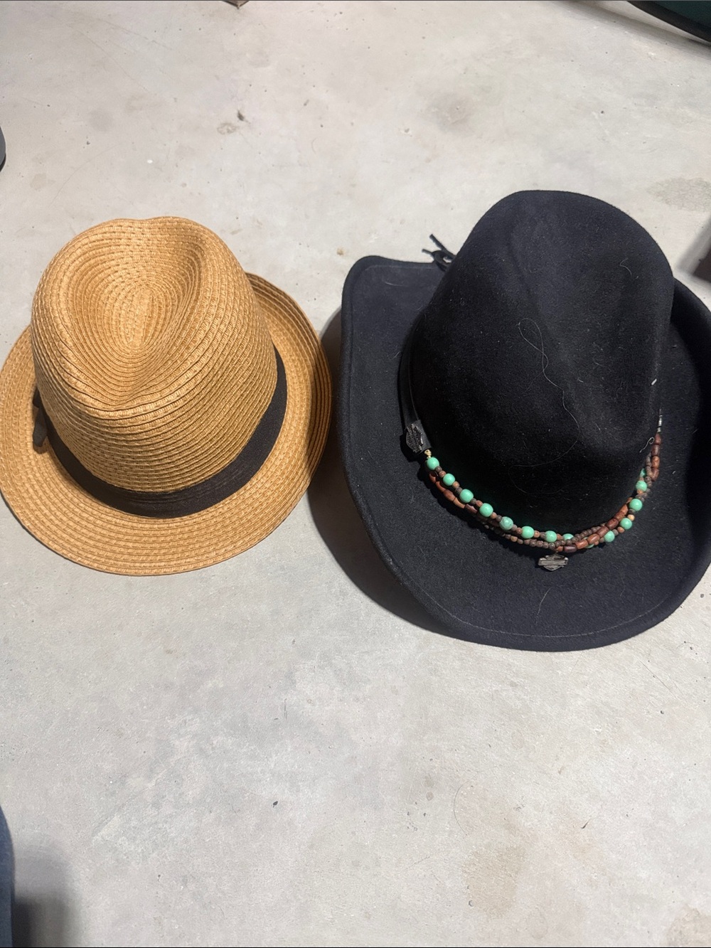 Straw Fedora & Black Beaded Cowboy Hat - Two Hat Set